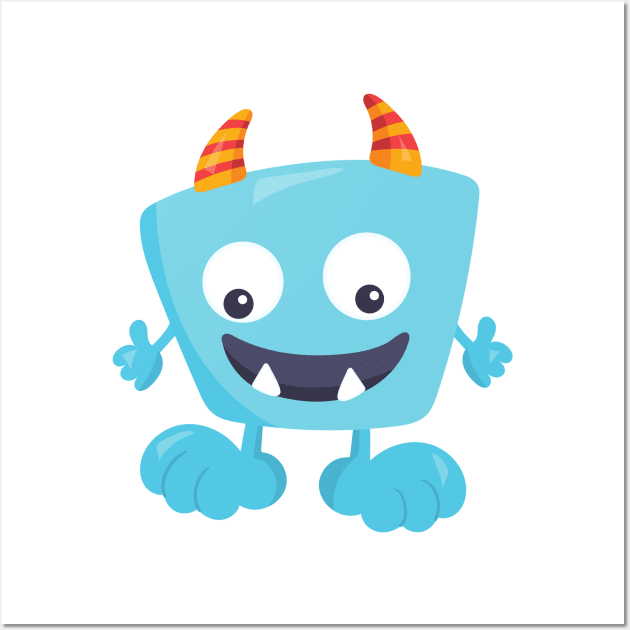 Cute Monster, Blue Monster, Funny Monster, Horns Wall Art by Jelena Dunčević